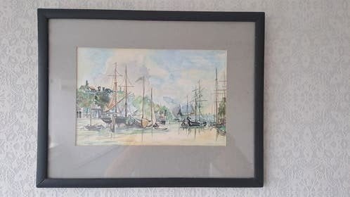 Aquarel H.L. Baars - Gezicht op de Rotterdamse haven, Ophalen of Verzenden, Stads- / dorpsgezicht