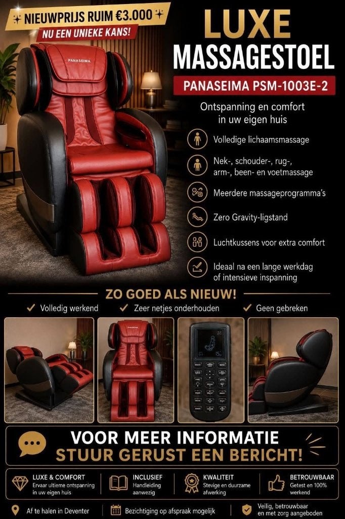 Luxe Massagestoel te Koop – PANASEIMA PSM-1003E-2, Ophalen, Zo goed als nieuw, Massagestoel of Kussen