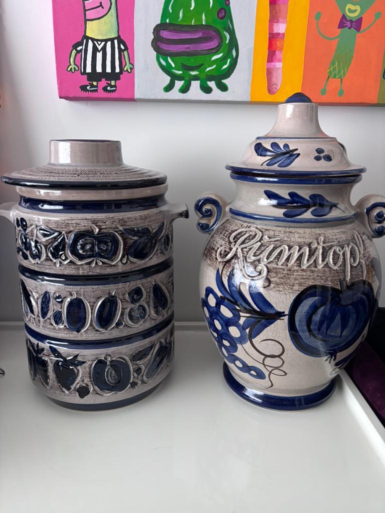 Vintage West Germany Rumtopf set blauw wit bruin keramiek, Ophalen