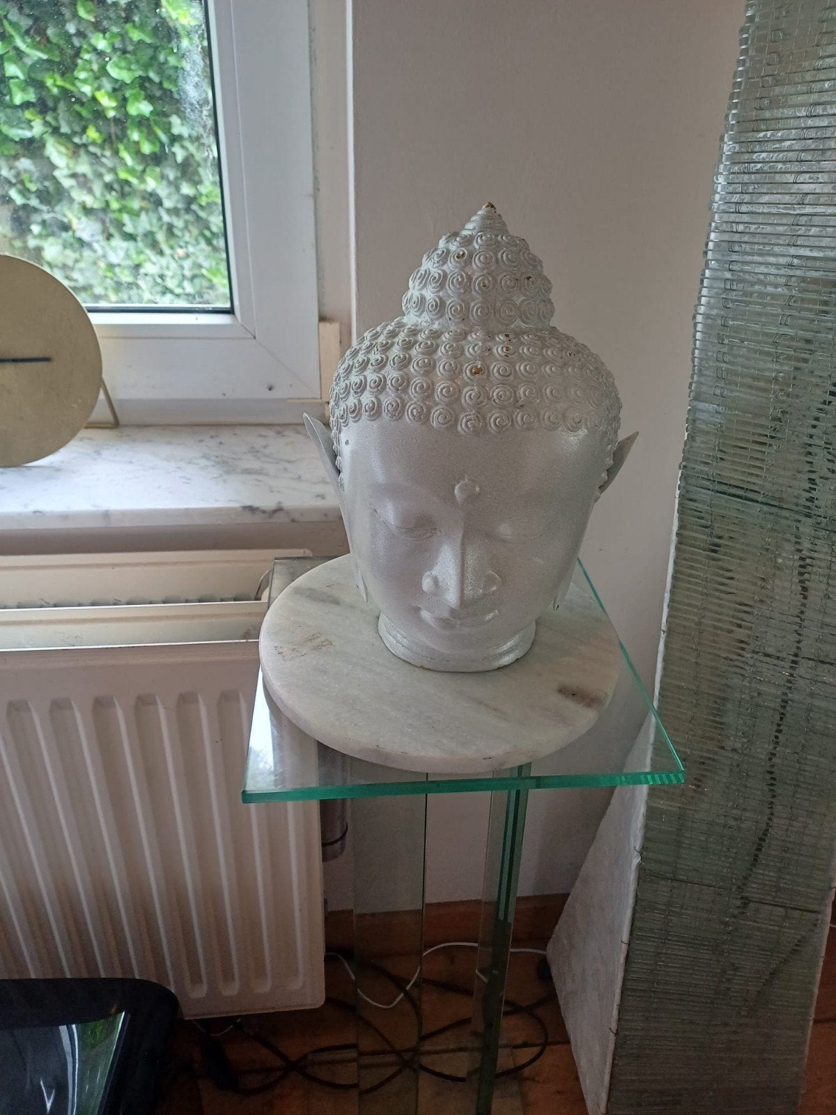 Boeddha Hoofd Decoratie - Wit Steen/Keramiek met tafelglas, Ophalen of Verzenden, Zo goed als nieuw, Steen/keramiek, Wit