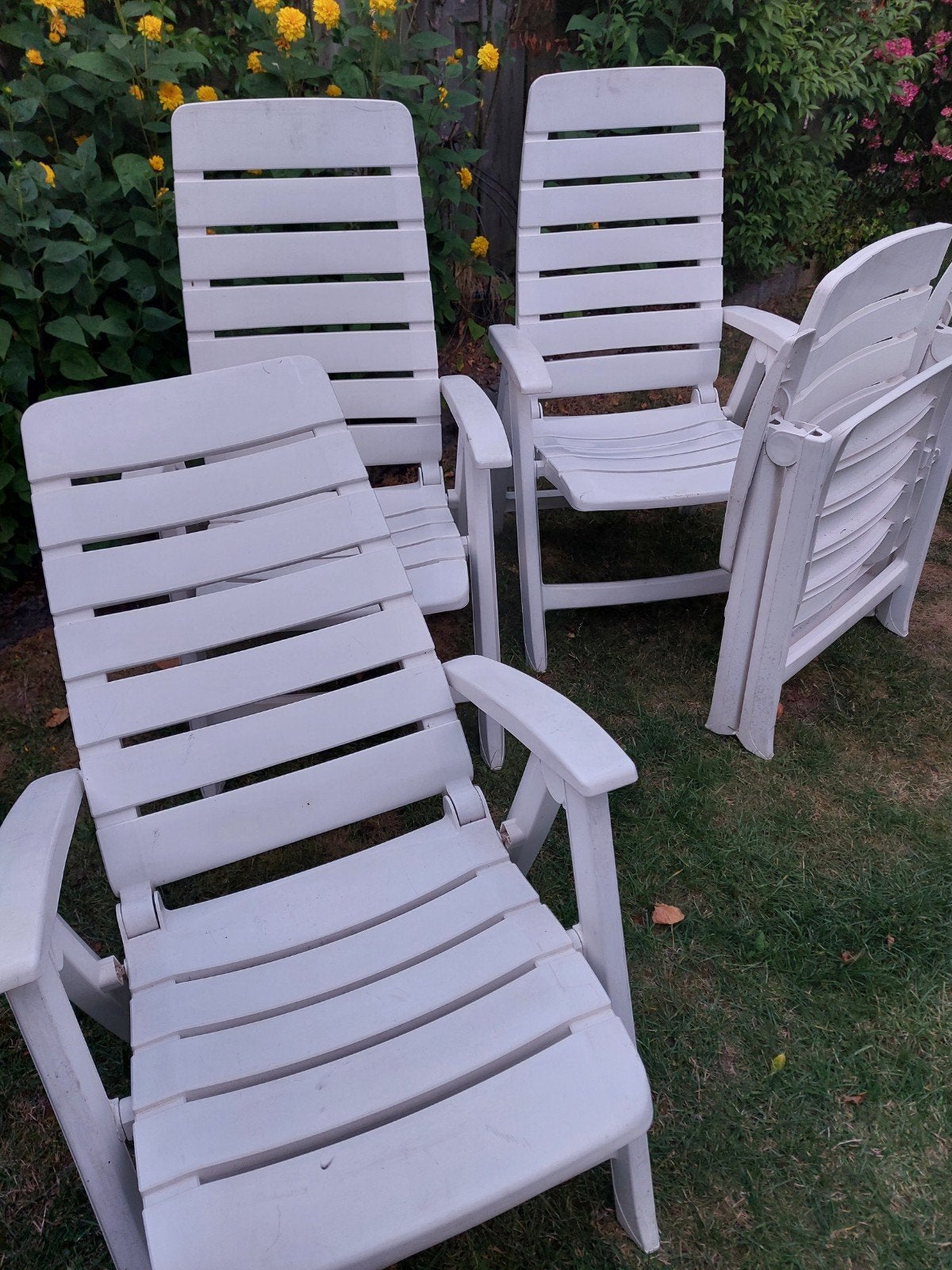 4x verstelbare tuinstoelen van kunststof, Tuin en Terras, Tuinstoelen, Ophalen of Verzenden, Gebruikt, Kunststof, Verstelbaar