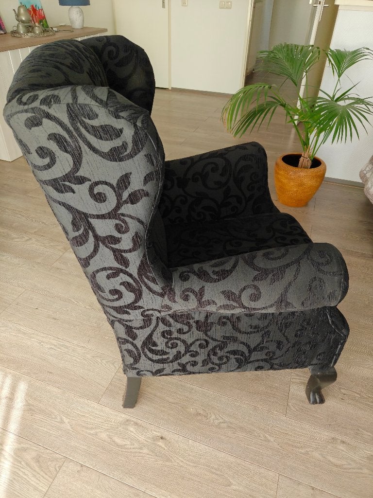 Oorfauteuil zwarte stof, Huis en Inrichting, Ophalen, Hout, Gebruikt, Minder dan 75 cm