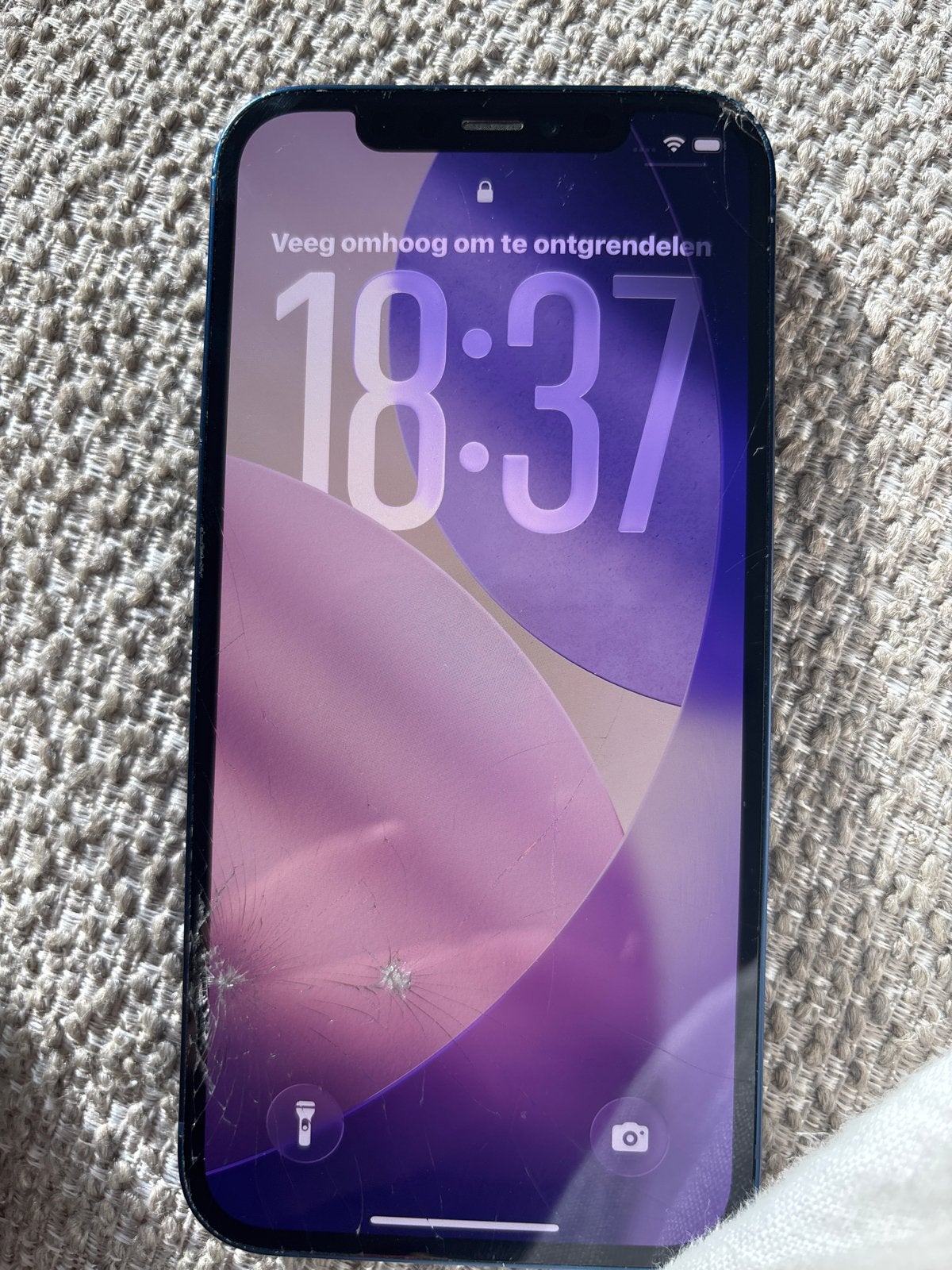 iPhone 12 met defect scherm en niet-officiële batterij, Ophalen of Verzenden, Niet werkend, Blauw, IPhone 12