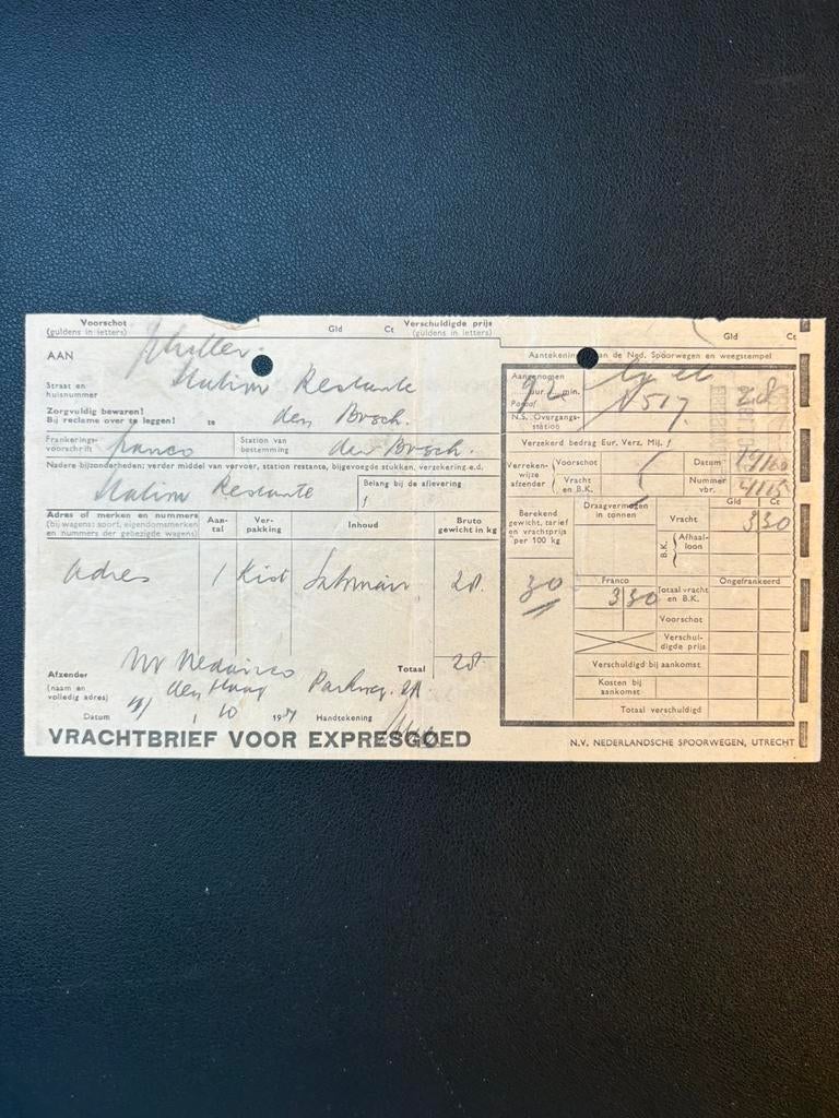 Vrachtbrief GVR - HT Kist goederen (1954), Verzamelen, Spoorwegen en Tramwegen, Gebruikt, Trein, Ophalen of Verzenden