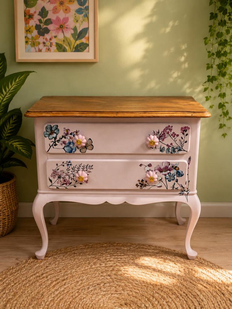 Lichtroze ladekastje met bloemmotief, Huis en Inrichting, Kasten | Ladekasten, Ophalen, 1 of 2 laden, 50 tot 100 cm, Zo goed als nieuw