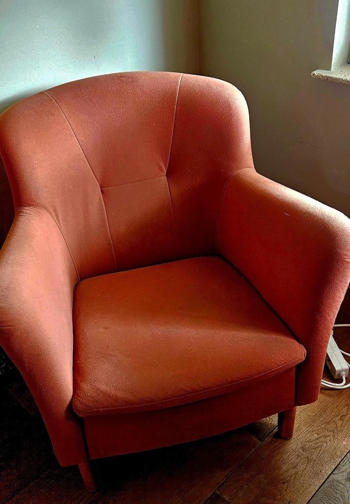 Oranje Fauteuil met stoffen bekleding, Huis en Inrichting, Fauteuils, Ophalen, Gebruikt, 75 tot 100 cm, 50 tot 75 cm