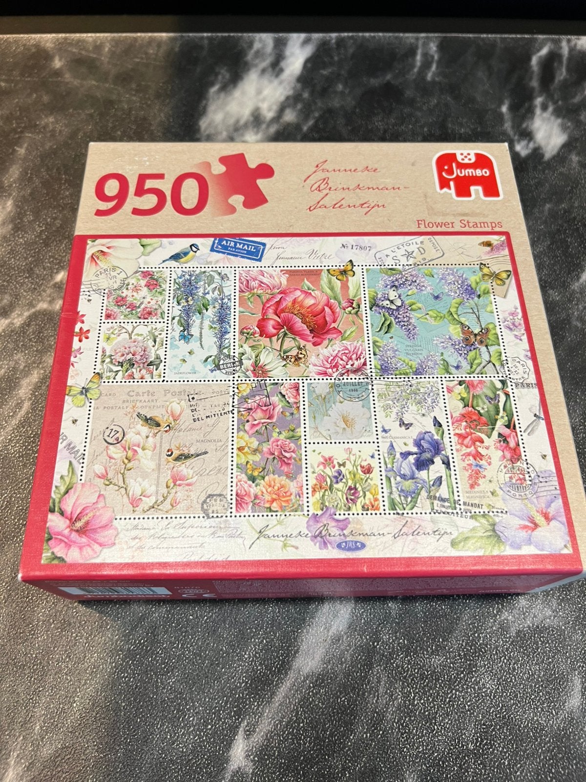 Jumbo puzzel 950 stukjes Janneke Brinkman Flower Stamps, Ophalen of Verzenden, 500 t/m 1500 stukjes, Zo goed als nieuw