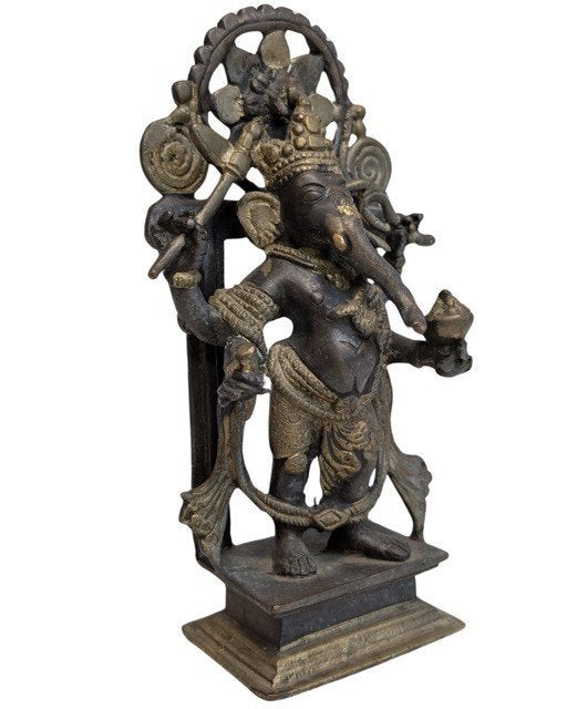 Bronzen Ganesha met halo – Himalaya, 072, Huis en Inrichting, Woonaccessoires | Boeddhabeelden, Gebruikt, Ophalen of Verzenden