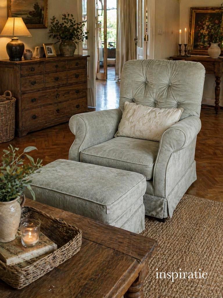 Landelijke fauteuil met poef, Ophalen, 75 tot 100 cm, Stof, 50 tot 75 cm