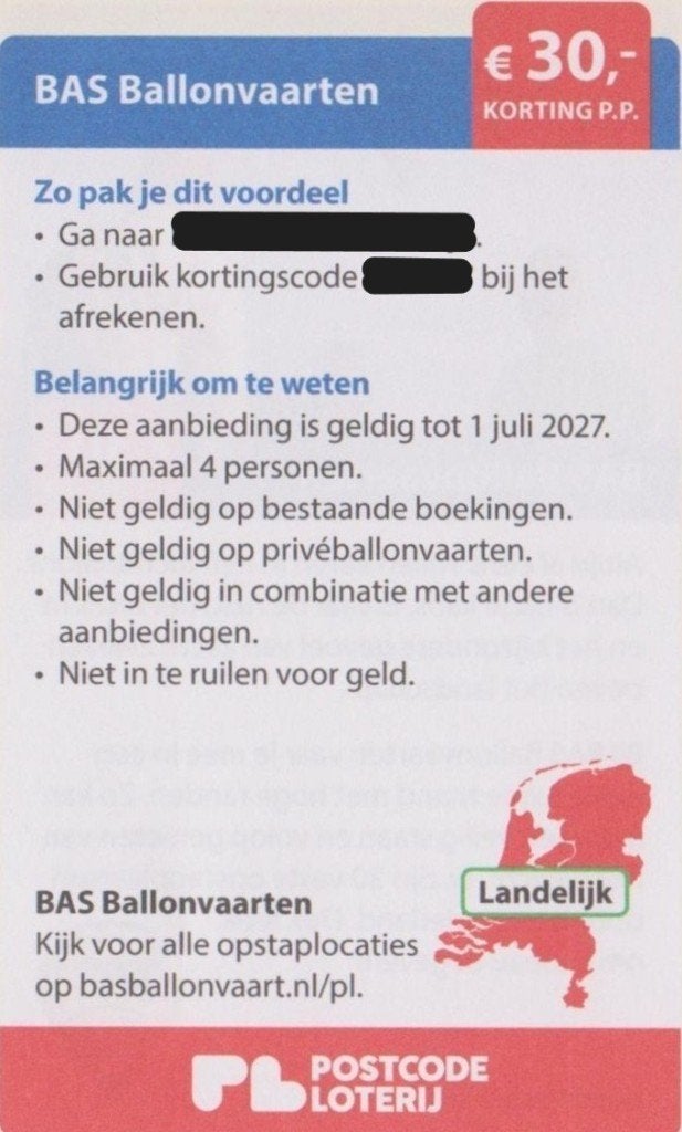 BAS Ballonvaarten. € 30,- korting p.p. Postcodeloterij bon., Drie personen of meer, Kortingsbon