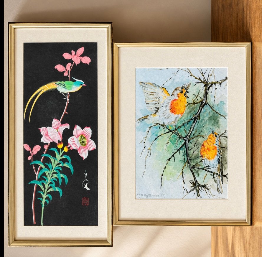 Set Vogelschilderijen: Originele Aquarel & Vintage Aziatisch, Antiek en Kunst, Ophalen of Verzenden