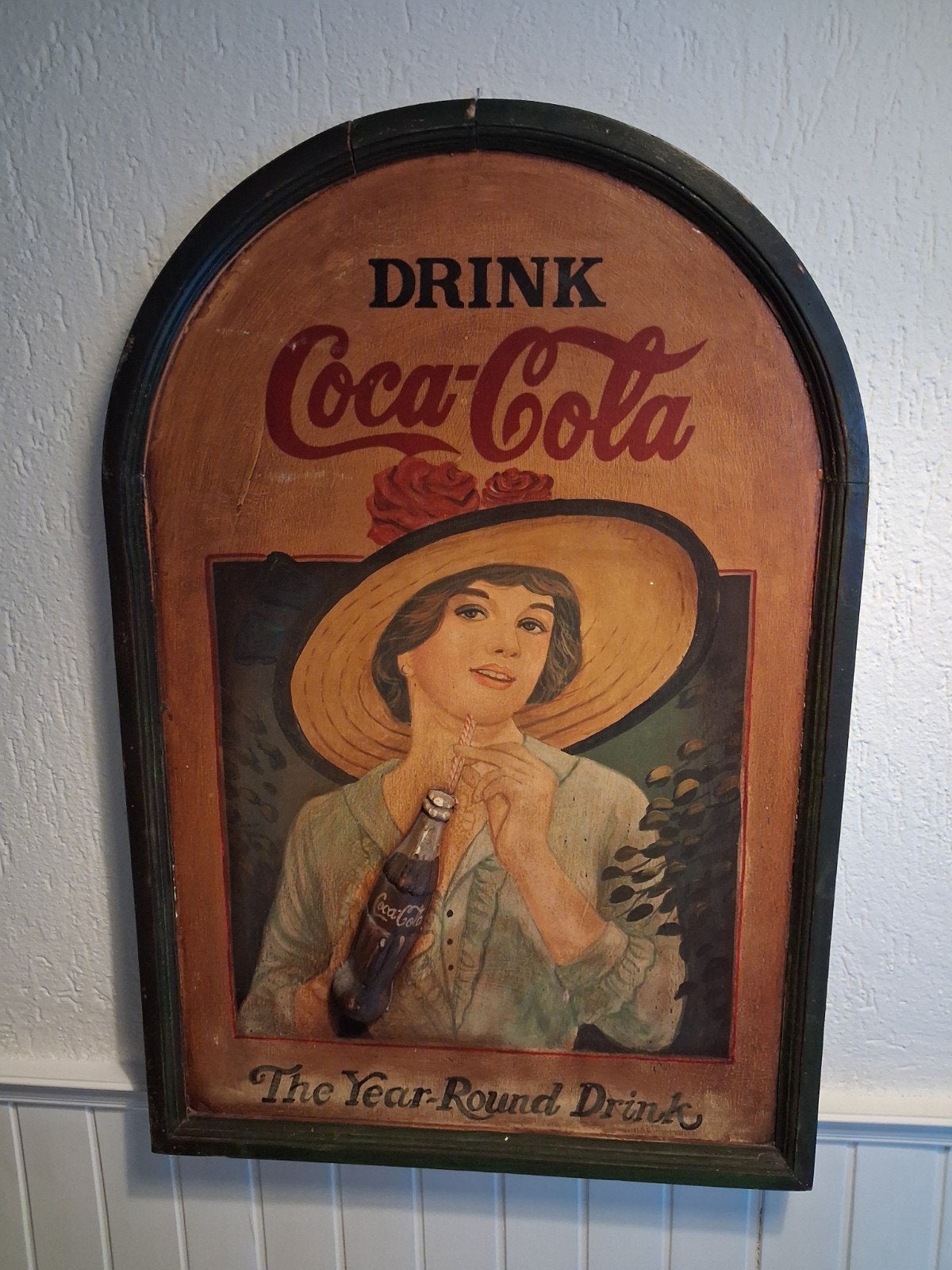 Vintage Coca Cola Reclamebord Hout - 91x61cm, Antiek en Kunst, Ophalen of Verzenden