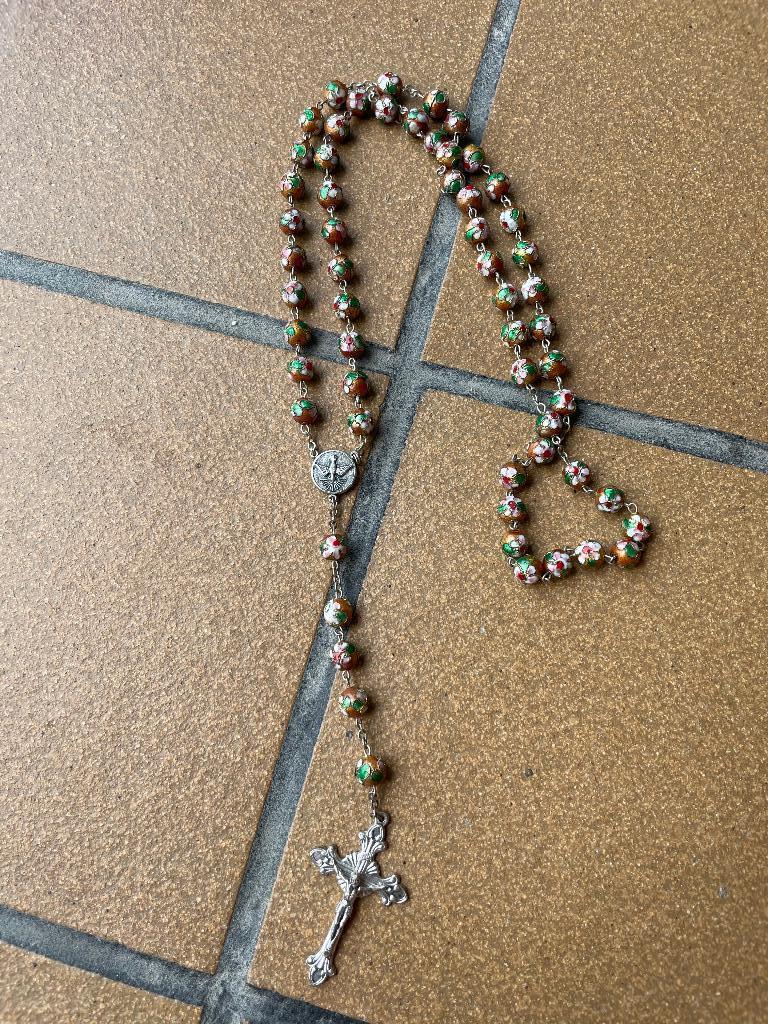 Vintage brocante oude rozenkrans ketting cloisonne collier, Ophalen of Verzenden, Overige materialen, Ketting
