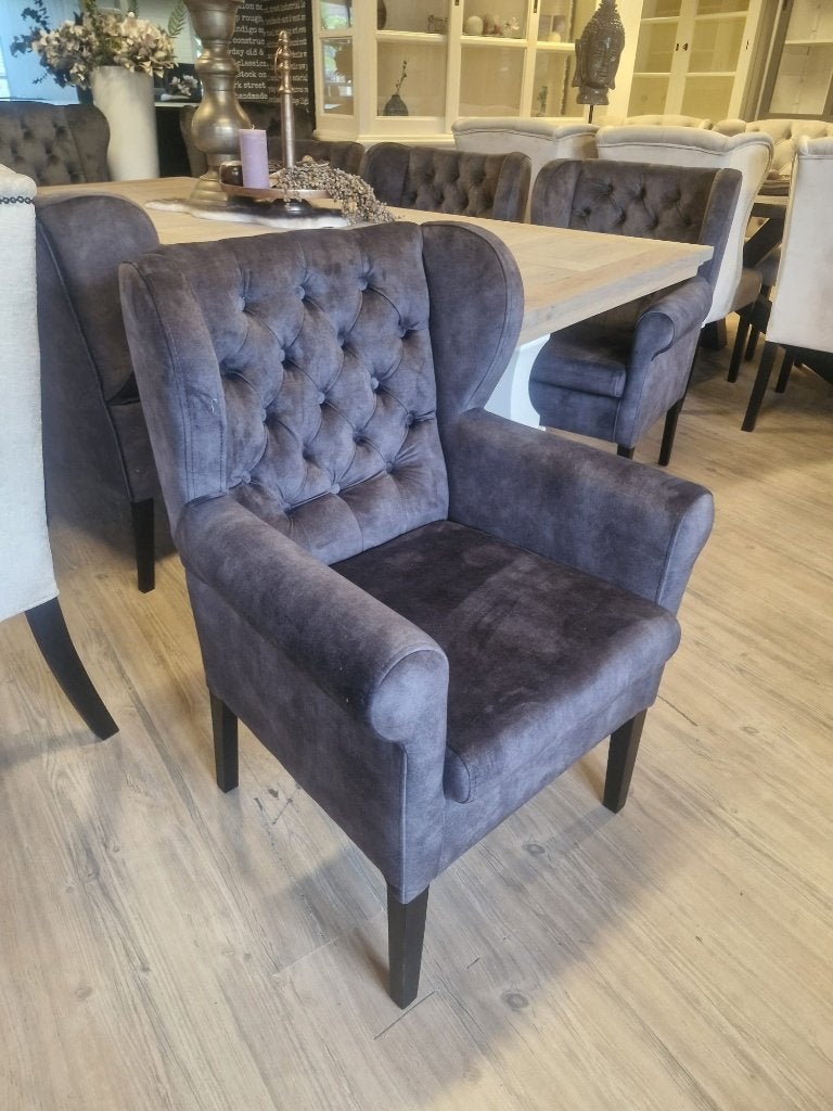 VOORRAAD 6 Landelijke Eetkamerstoelen Roman Velvet Grijs (1), Huis en Inrichting, Nieuw, Vijf, Zes of meer stoelen, Landelijke eetkamerstoelen capiton knoopjes kleur antraciet velv