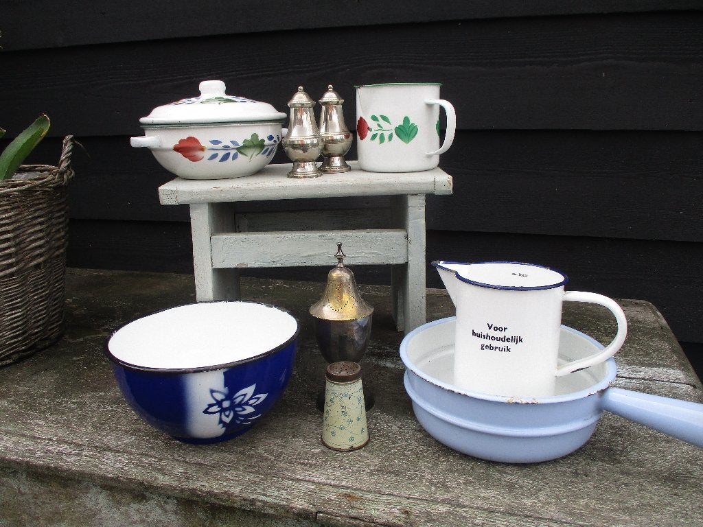 emaille brocante schaaltjes, steelpan en maatbeker, Ophalen of Verzenden