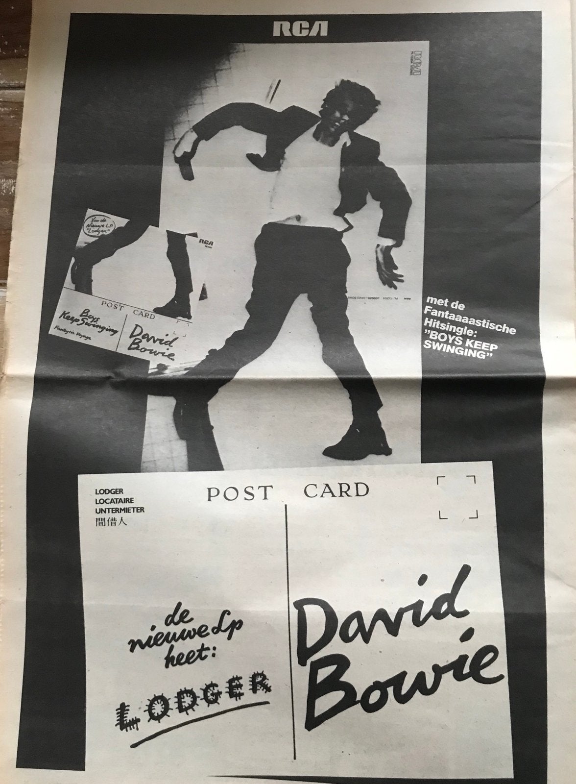 Paginagrote A3 advertentie DAVID BOWIE Lodger release, Ophalen of Verzenden, Zo goed als nieuw, A1 t/m A3