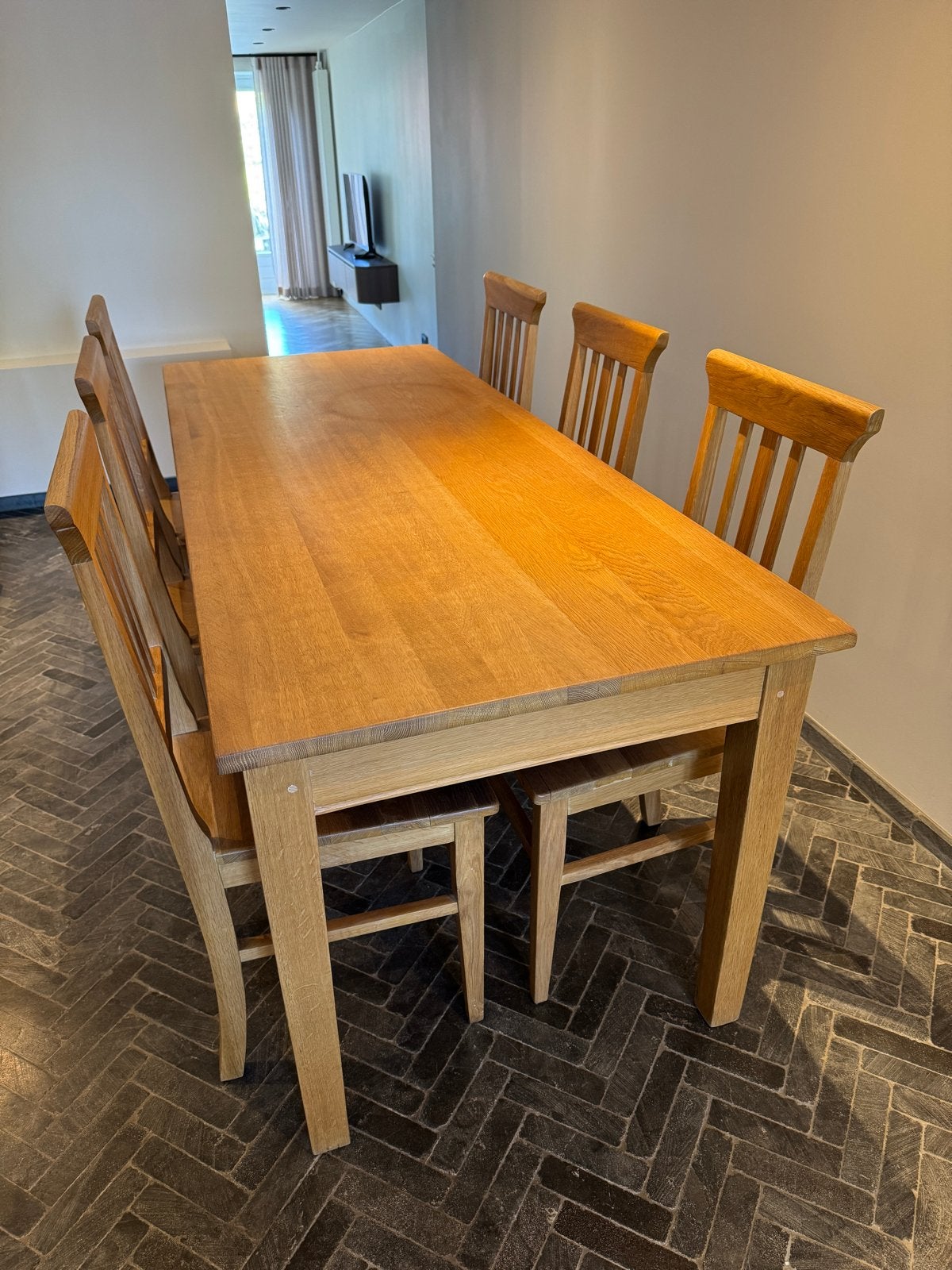Eiken eettafel met 6 stoelen, transparant mat afgelakt, Ophalen, Gebruikt, Eikenhout, 50 tot 100 cm