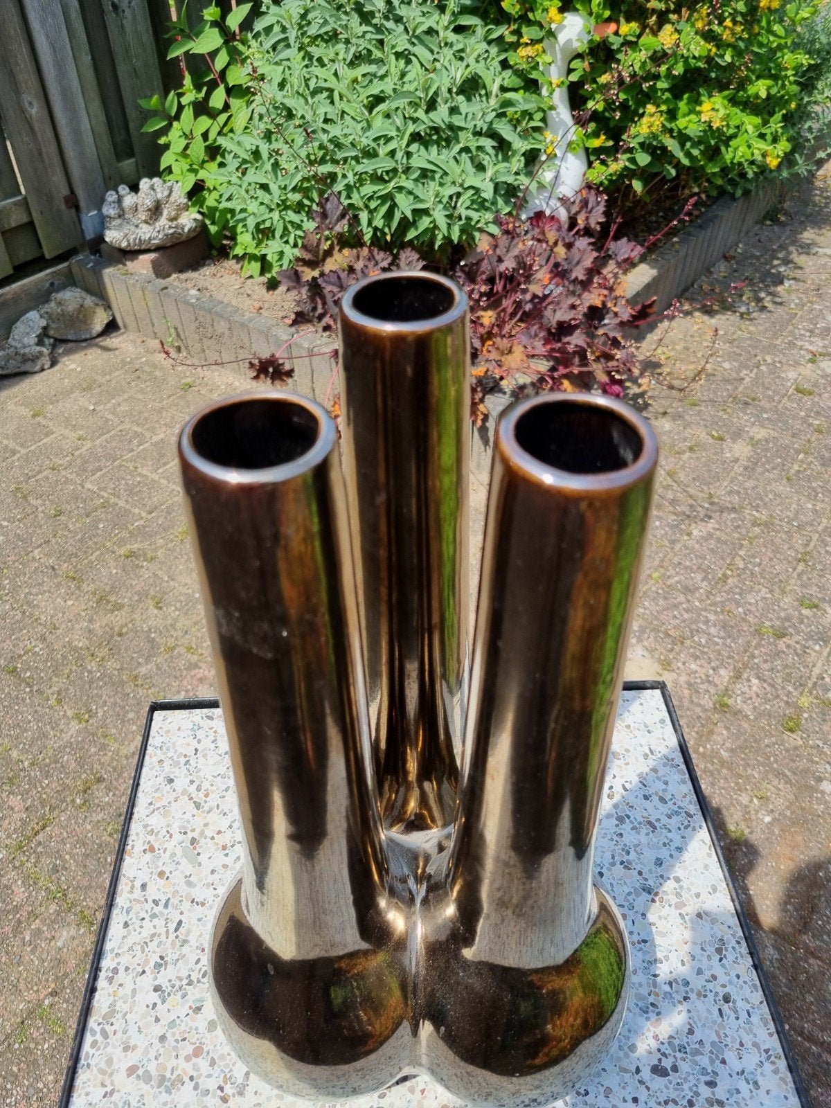 3 gaten vaas  goud/brons kleurig               40 cm hg, Ophalen, Steen, Gebruikt, Overige kleuren