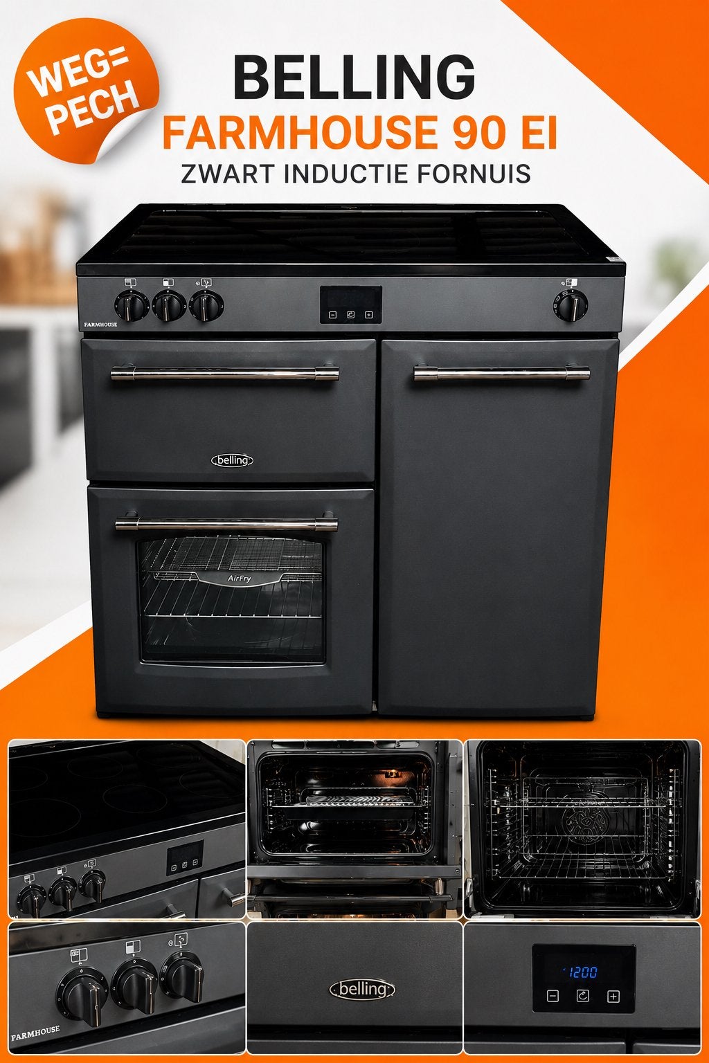 WEG=PECH! Belling Farmhouse 90 EI Zwart Inductie Fornuis, Witgoed en Apparatuur, Fornuizen, Hete lucht, 60 cm of meer, Ophalen of Verzenden