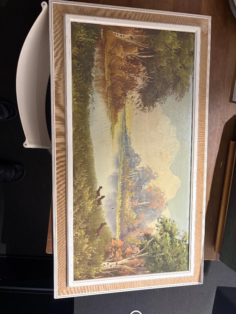 Groot Landschapsschilderij Met Herten In Lijst, Antiek en Kunst, Kunst | Schilderijen | Klassiek, Verzenden