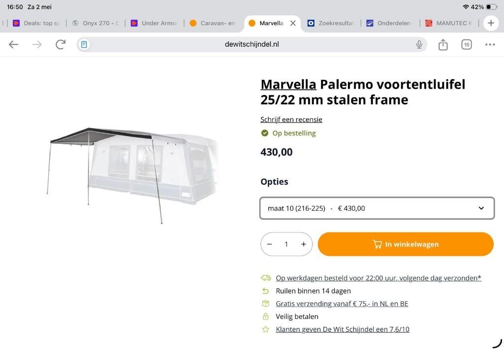 Marvella palermo voortentluifel maat 10 incl stalen frame, Caravans en Kamperen, Ophalen of Verzenden, Zo goed als nieuw, Overige merken