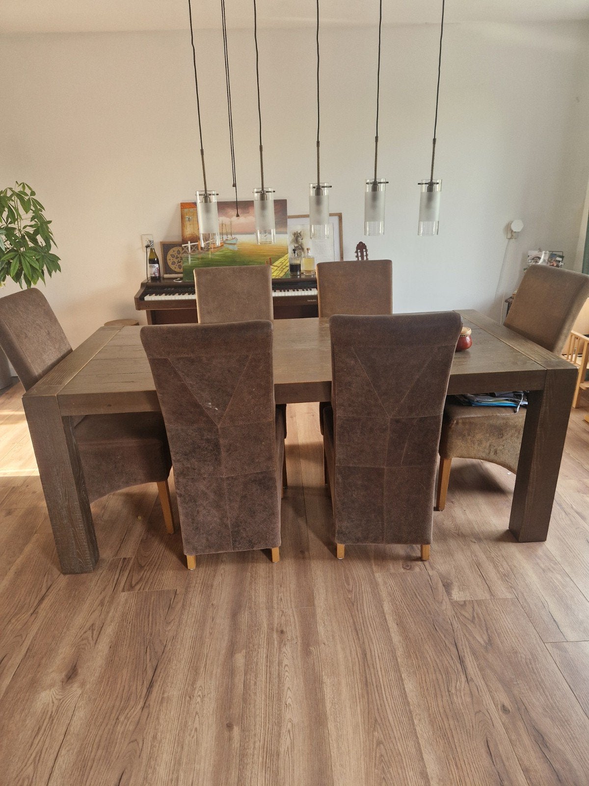 Eikenhouten eettafel met 6 stoelen, Ophalen, Gebruikt, 100 tot 150 cm, 200 cm of meer