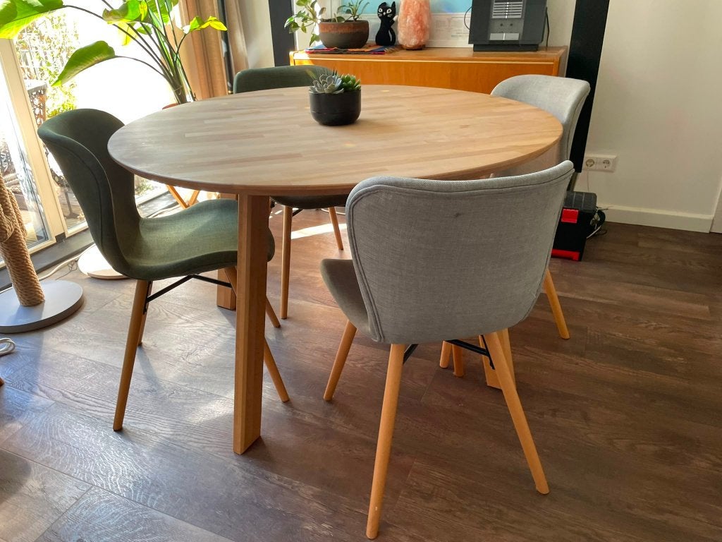 Ronde beukenhouten tafel - 120cm diameter, Huis en Inrichting, Tafels | Eettafels, Ophalen, Gebruikt, Rond, Vier personen