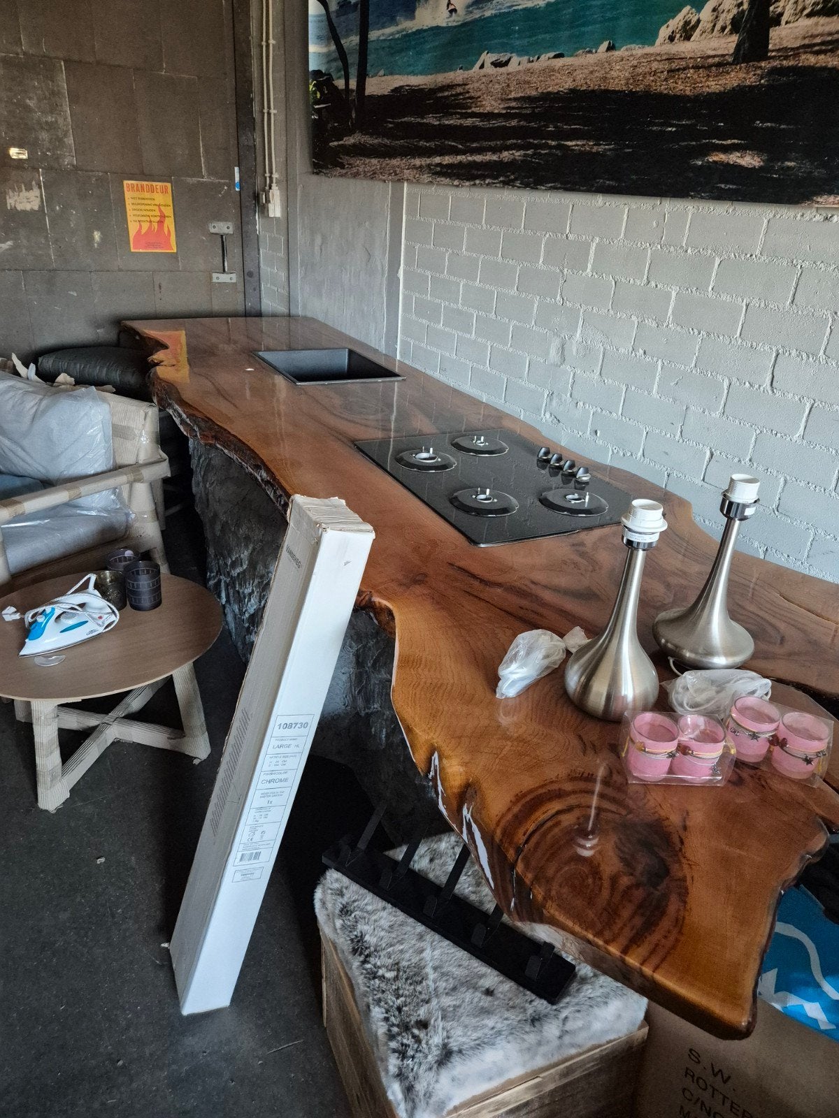 Buiten keuken notenhout blad met epoxy exclusief mooi 4m, Ophalen