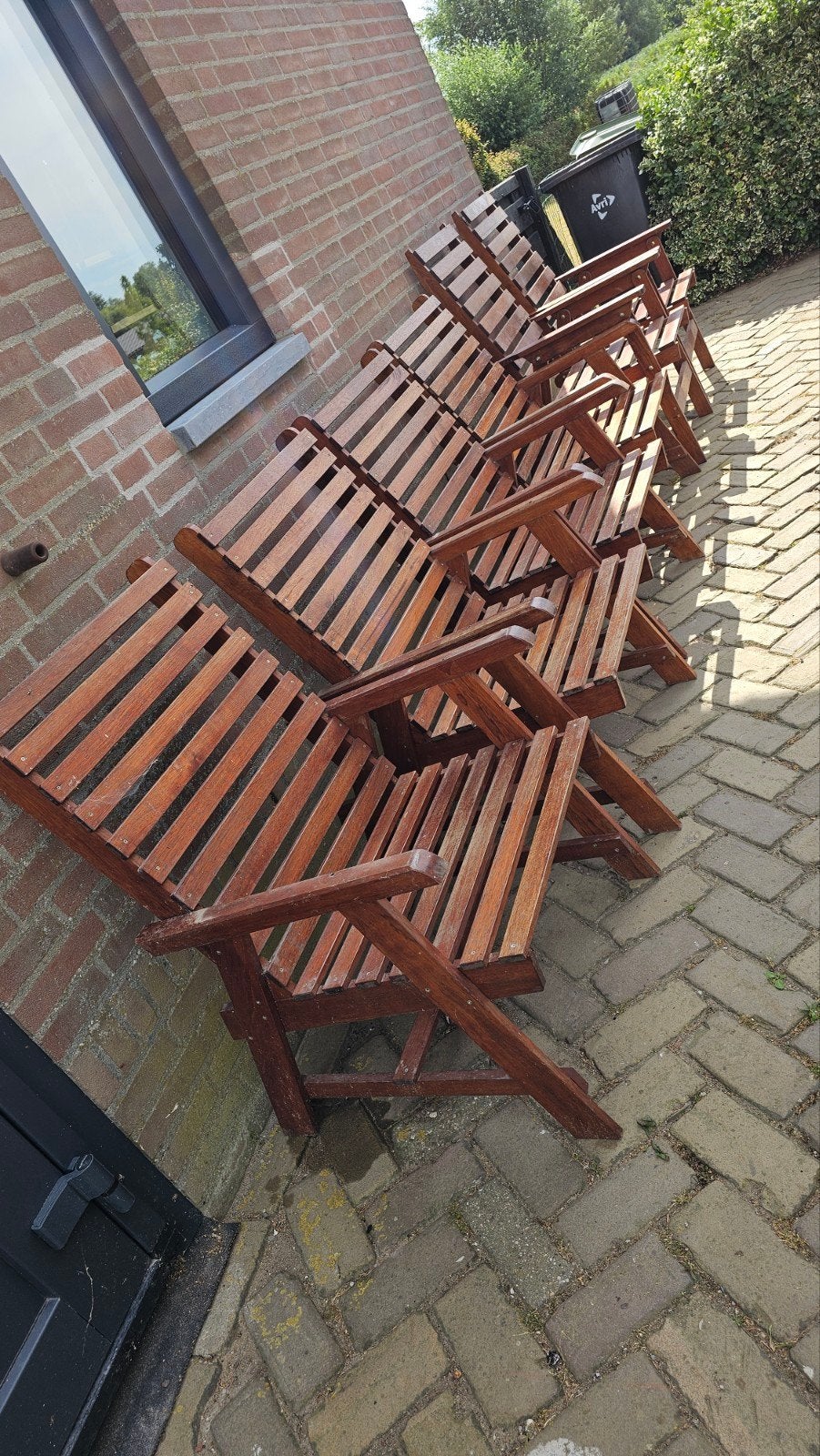 6 hardhouten tuinstoelen (2 inklapbaar, 4 vast), Tuin en Terras, Ophalen, Gebruikt, Hout, Inklapbaar