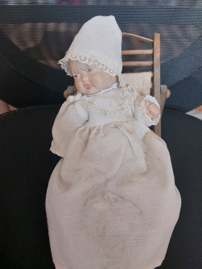 Vintage porseleinen pop met twee gezichten, Verzamelen, Poppen, Ophalen of Verzenden, Zo goed als nieuw, Pop