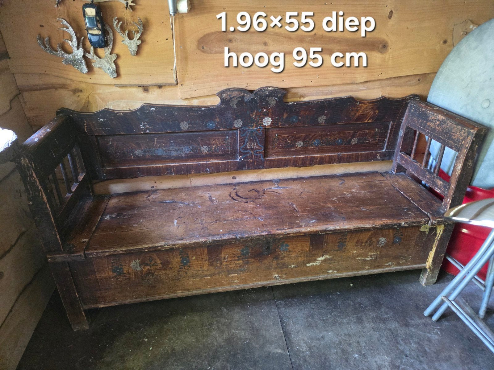Antieke klepbank 1932 met schildering, Antiek en Kunst, Antiek | Meubels | Stoelen en Banken, Ophalen