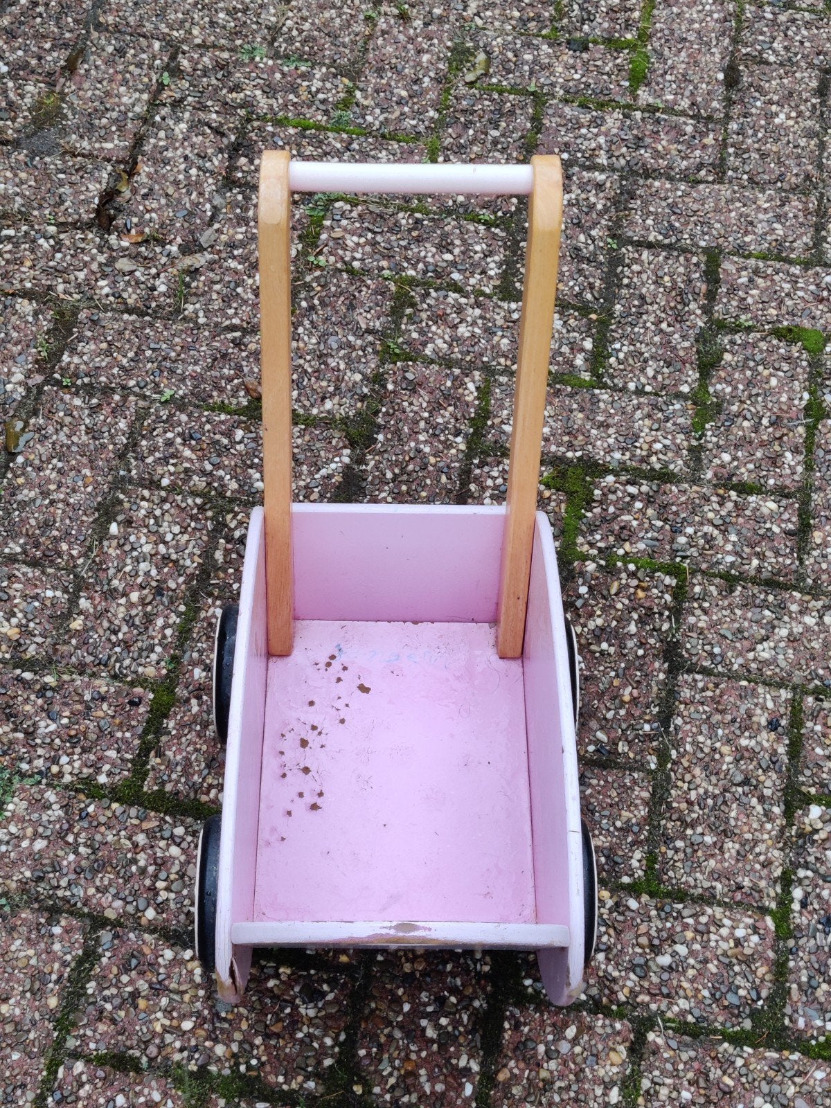 Roze houten poppenwagen/loopwagen met stippen, Ophalen of Verzenden, Gebruikt, Overige typen, Met wieltjes