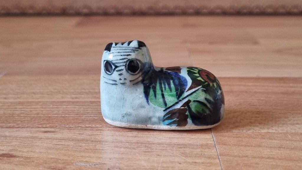 Mooi Lief Klein Vintage Kat Poes Beeldje Tonala Mexico, Verzenden, Gebruikt, Hond of Kat, Beeldje of Figuurtje