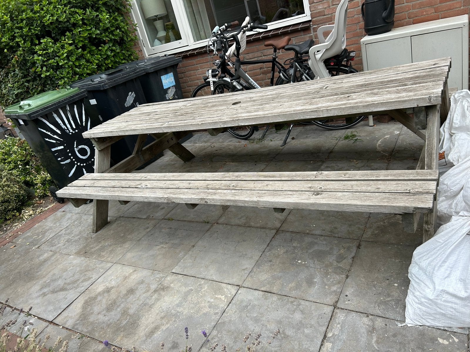 Houten picknicktafel 250cm  - Gebruikt, Tuin en Terras, Ophalen, Gebruikt, Rechthoekig, Hout