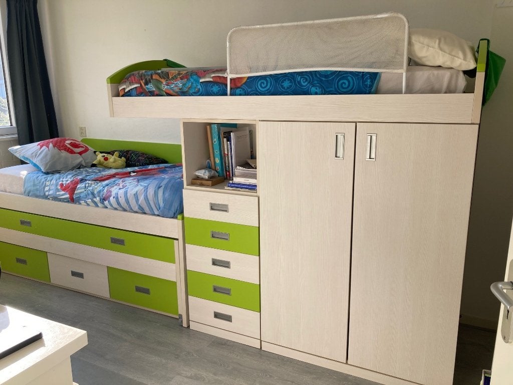 3-PERSOONS STAPELBED MET KAST, LADEN EN UITSCHUIFBED, Ophalen, 100 cm, Tweepersoons, Minder dan 160 cm