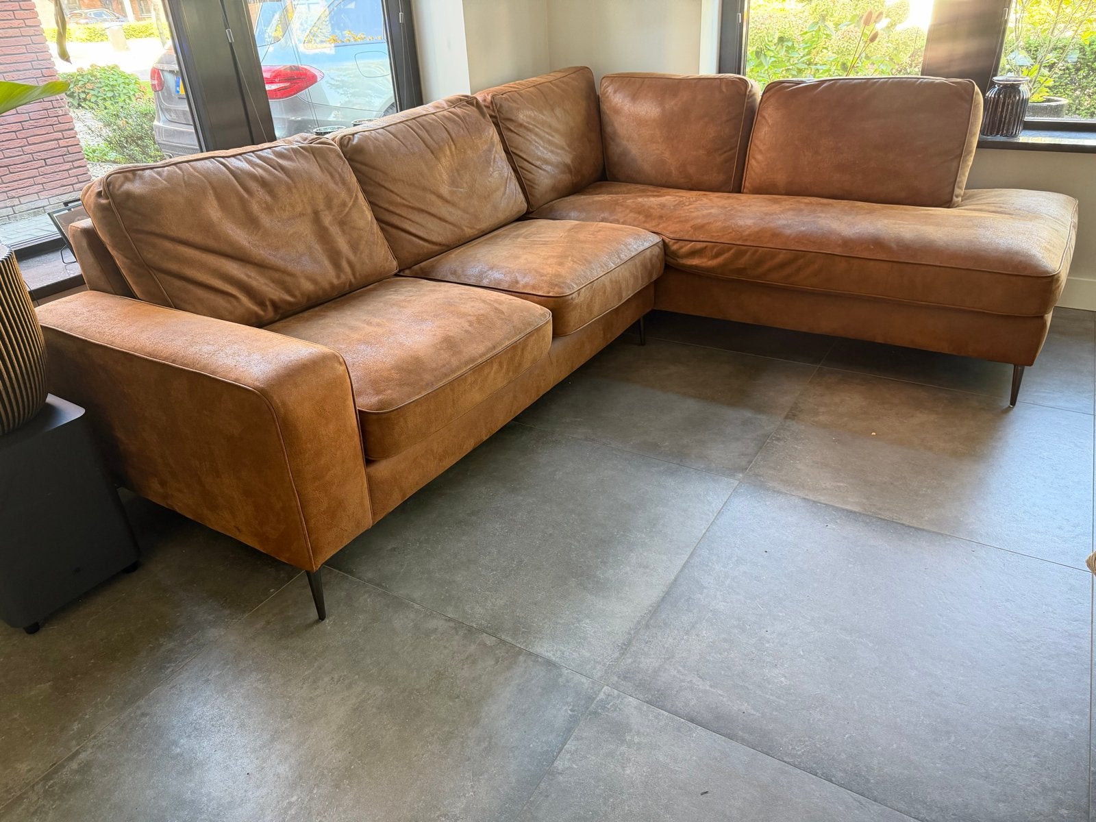 Hoekbank microleder bruin/congac, Huis en Inrichting, Ophalen, Overige materialen, Gebruikt, Hoekbank