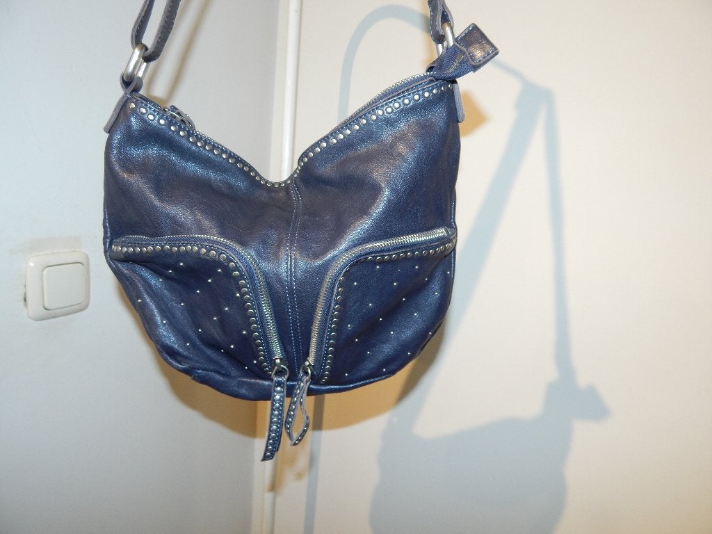 ABRO leren schoudertas zilveren studs merk hanger blauw, Ophalen of Verzenden, Zo goed als nieuw, Blauw, Schoudertasje