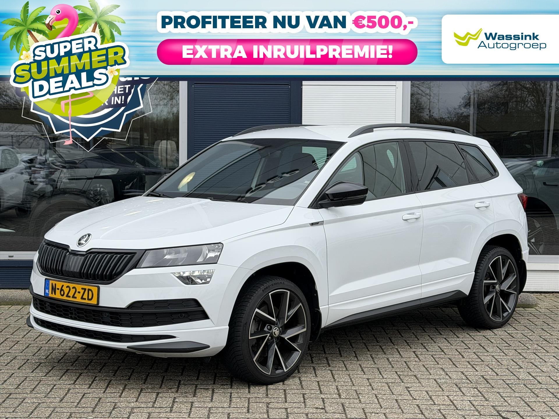 Skoda Karoq |SUMMER DEALS | 1.5 TSI 150 pk DSG Sportline Bus, Auto's, Skoda, Stof, 4 cilinders, Wit, Karoq