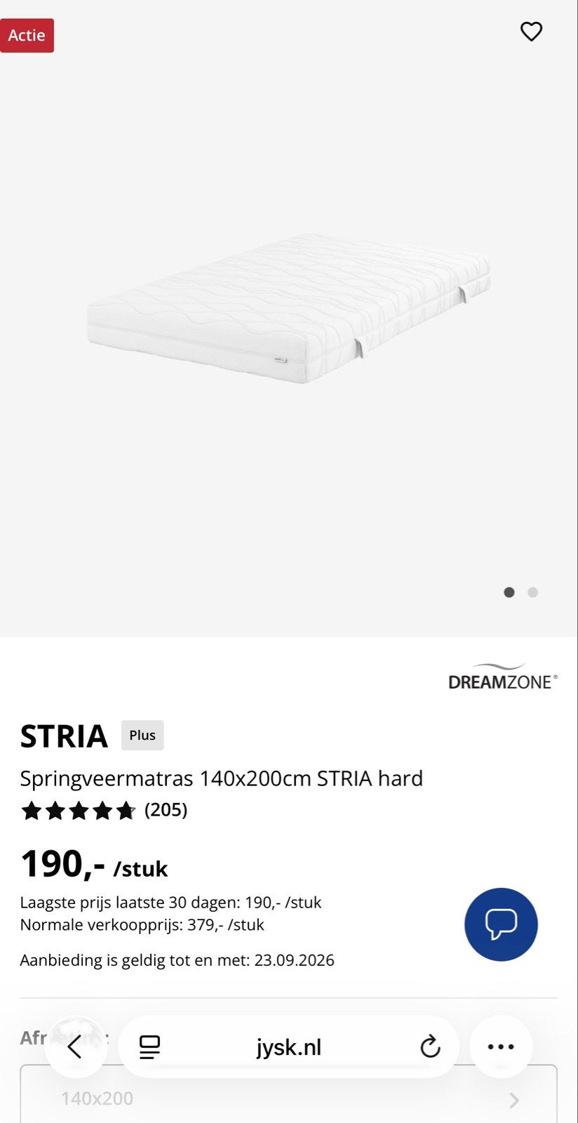 Jysk Stria matras 140x200x19cm - Zo goed als nieuw, Ophalen, Tweepersoons, 140 cm, Zo goed als nieuw