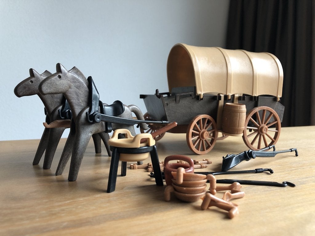 Playmobil Huifkar met paarden en kookgerei, Gebruikt, Complete set, Voertuig, Ophalen of Verzenden