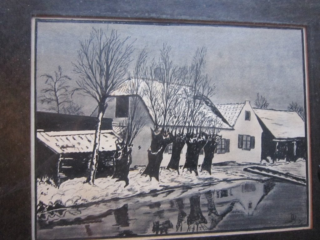 Mooi winters tafereeltje in Mooi lijstje met Monogram, Antiek en Kunst, Ophalen, Aquarel, Landschap