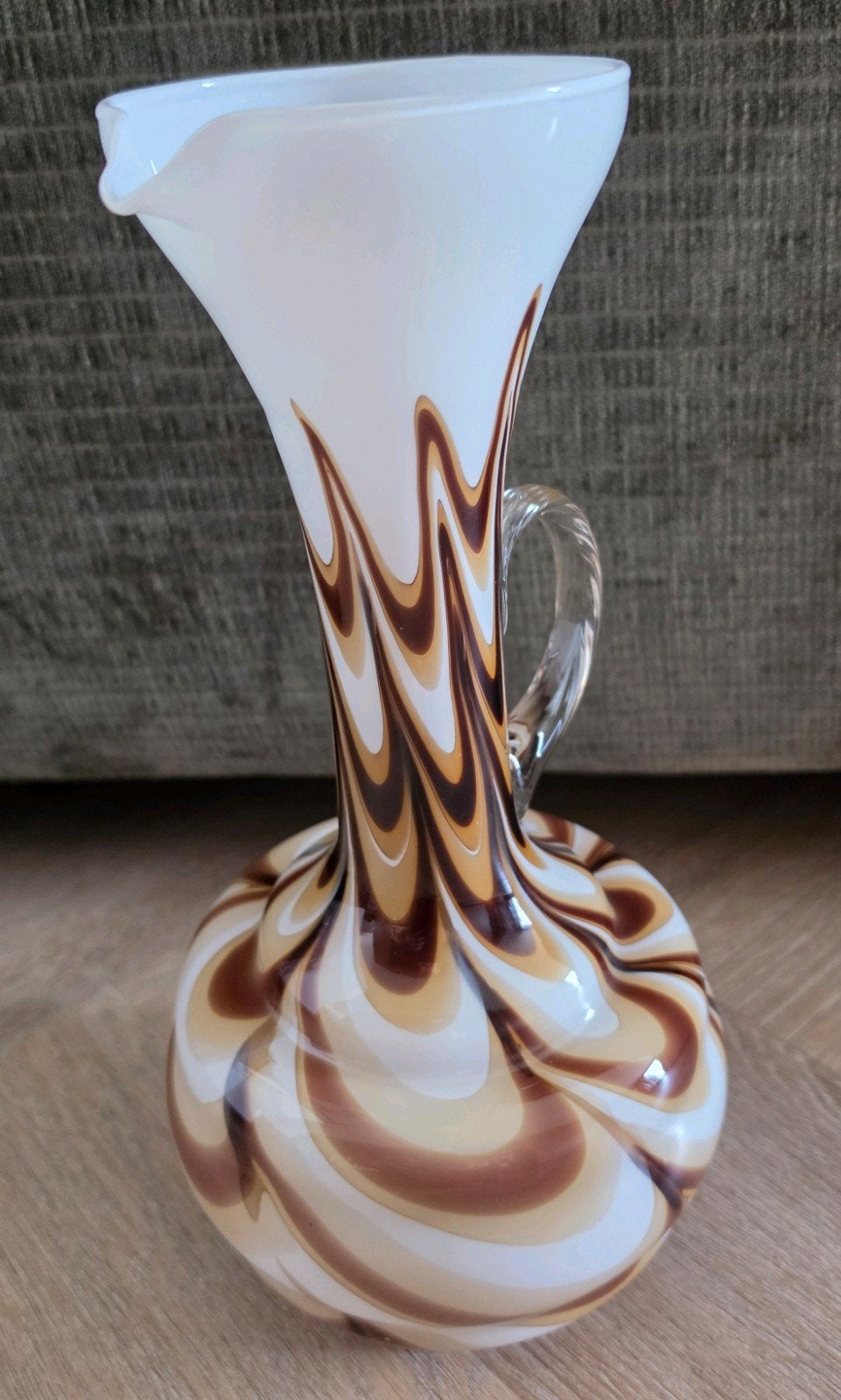 Vintage Murano Stijl Opaline Vaas - Bruin/Wit Swirl Glas, Ophalen of Verzenden