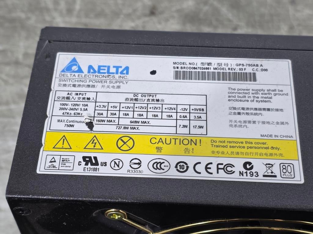 Delta Electronics 750w max voeding psu power supply gps-750a, Ophalen of Verzenden, Gebruikt