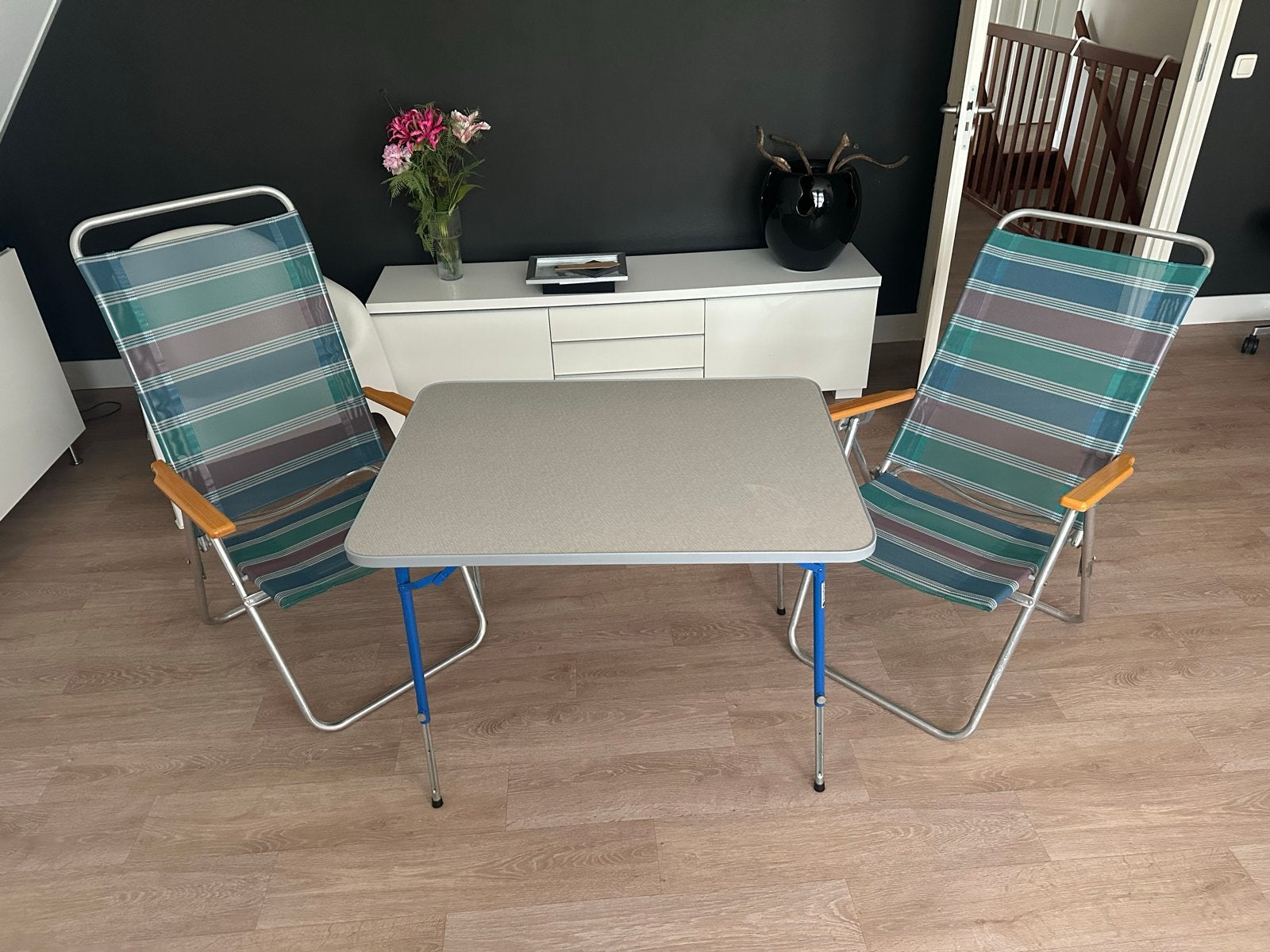 Lafuma Camping set: Tafel (90x68) met 2 verstelbare stoelen, Ophalen, Gebruikt, Campingtafel