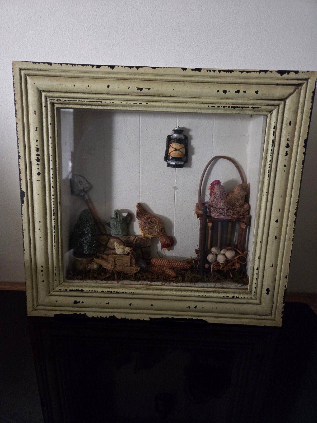 3D Kip en haan decoratie in lijst, Minder dan 50 cm, Gebruikt, Overige typen, Ophalen of Verzenden
