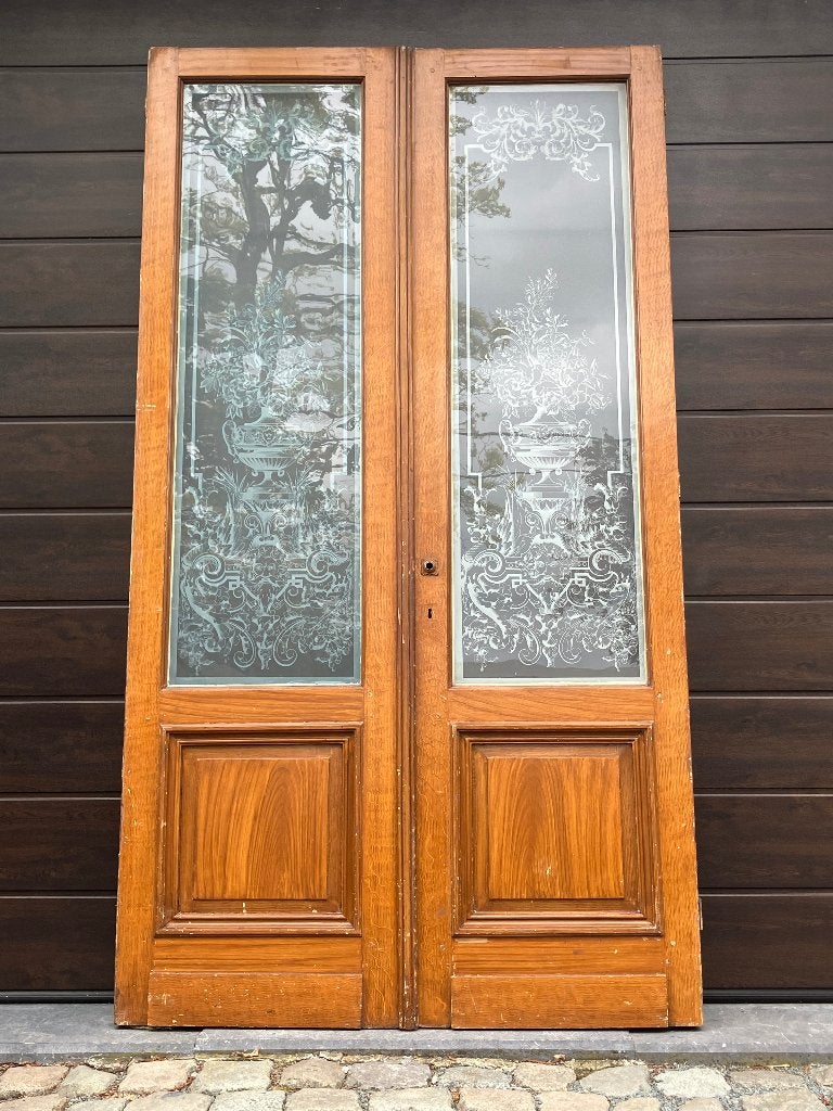 antieke Dubbele ensuite deur met art-deco geëtst glas, Ophalen, Gebruikt, Binnendeur, Glas