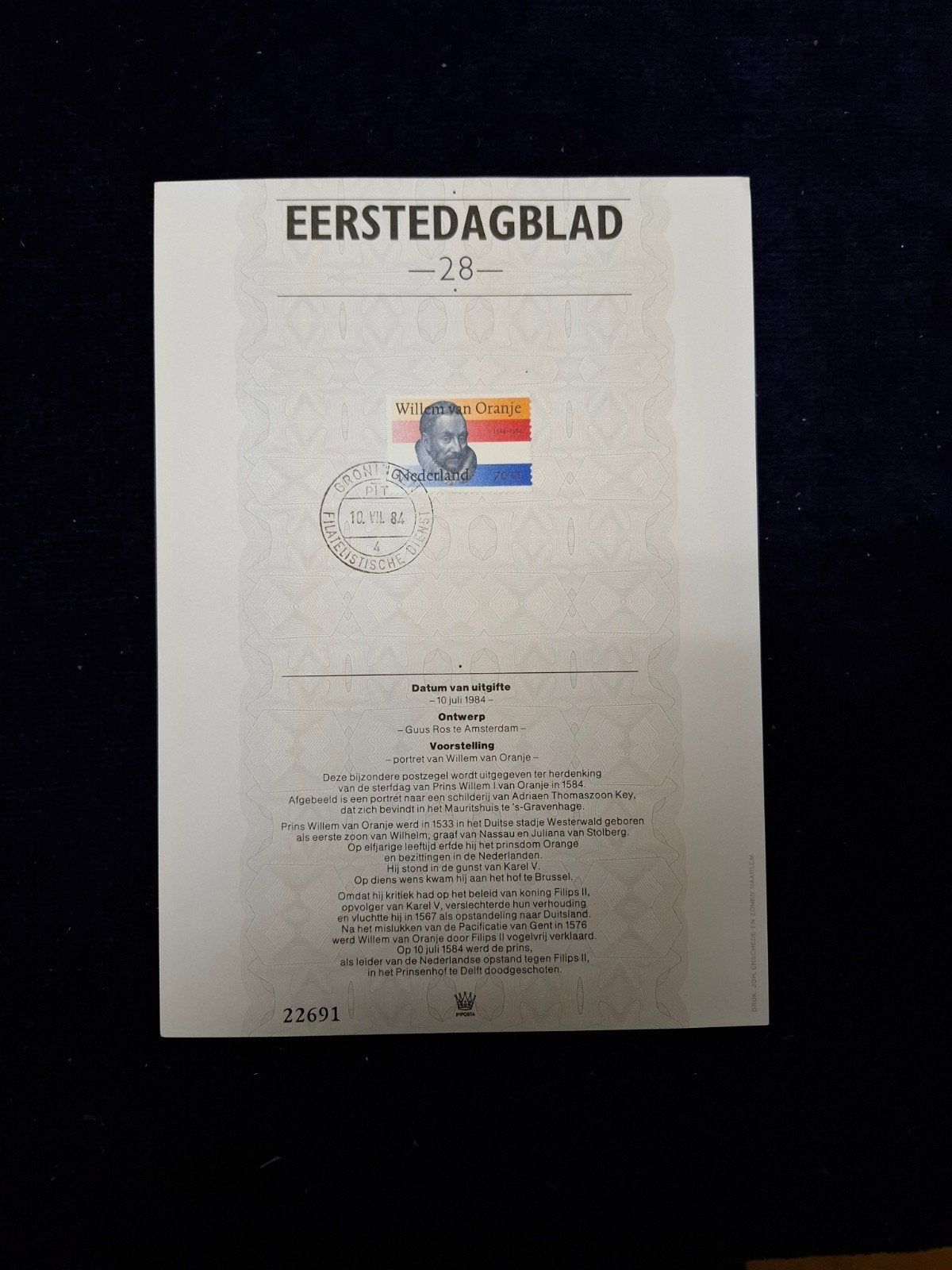 Postzegel Eerste dagblad 28.  Nederland Genummerde uitgave, Postzegels en Munten, Ophalen of Verzenden, Nederland
