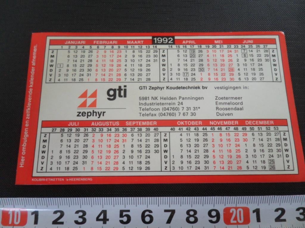 sticker Kalender 1992 GTI ZEPHYR Koudetechniek bv Helden Pan, Ophalen, Zo goed als nieuw