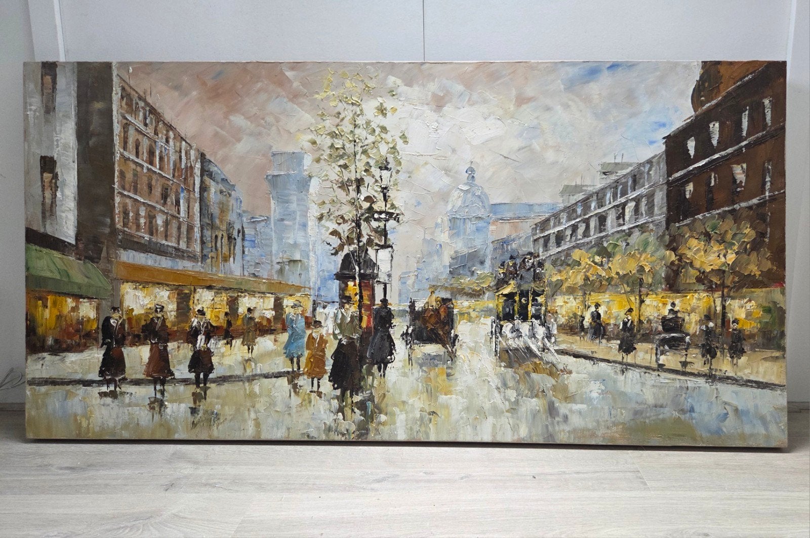 Groot olieverfschilderij Stadsgezicht met figuren, Antiek en Kunst, Kunst | Schilderijen | Klassiek, Ophalen