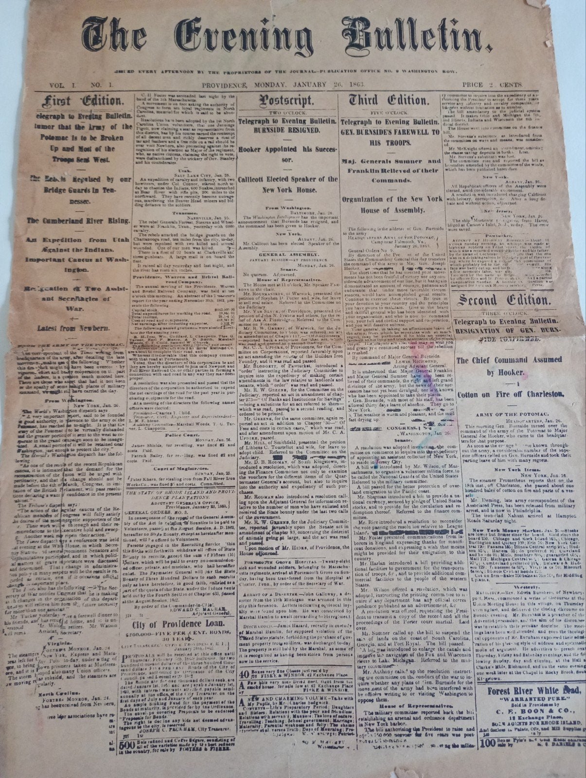 Zeldzame Amerikaanse Burgeroorlog Krant - 1863 Eerste Editie, Verzamelen, Amerika, ., Ophalen of Verzenden, .